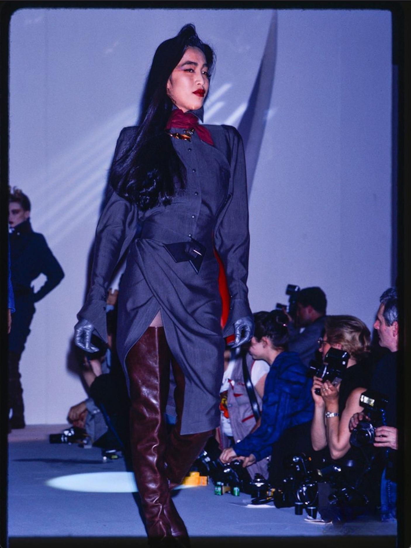 F/W 1988 Thierry Mugler 'Les Infernales' Runway Black Belted Wrap Midi Dress In Excellent Condition For Sale In West Hollywood, CA