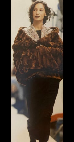 F/W 1989 Dolce & Gabbana Runway Ad Brown Faux Fur Polka Dot Shawl Jacket