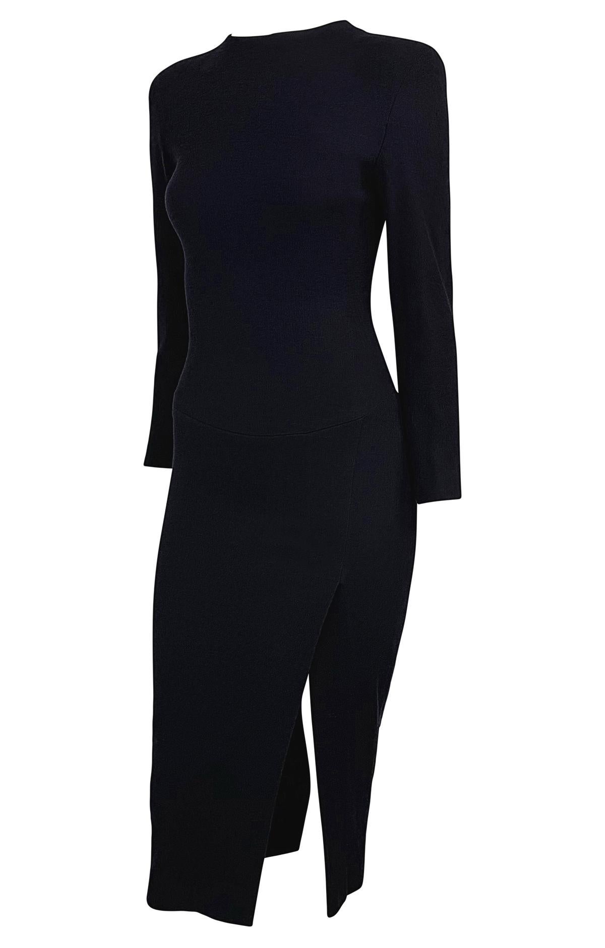Black F/W 1989 Donna Karan Runway Navy Blue Stretch Wool Slit Long Sleeve Midi Dress For Sale