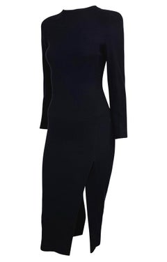 F/W 1989 Donna Karan Runway Navy Blue Stretch Wool Slit Long Sleeve Midi Dress
