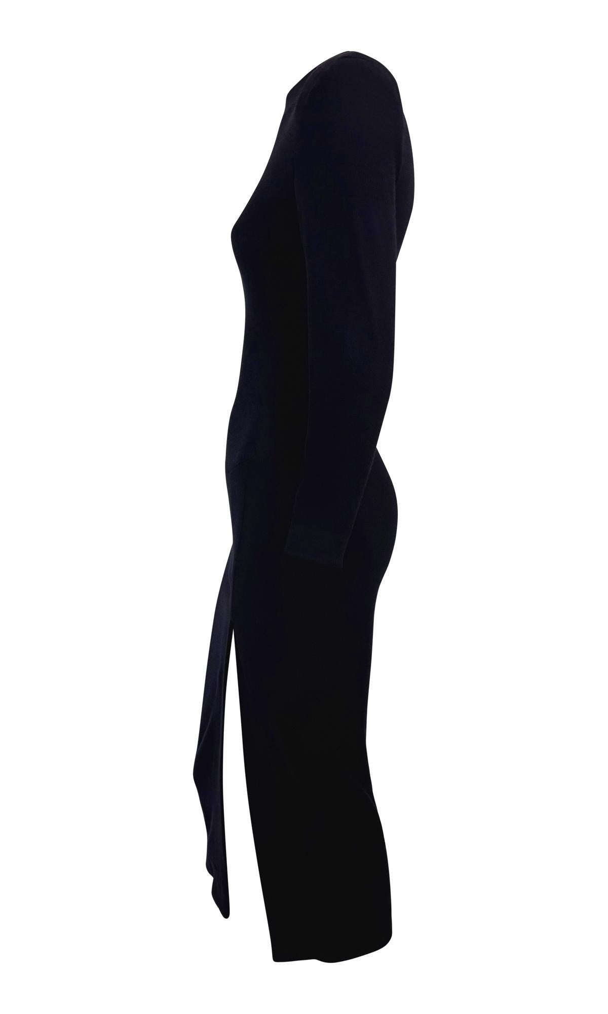 Women's F/W 1989 Donna Karan Runway Navy Blue Stretch Wool Slit Long Sleeve Midi Dress For Sale