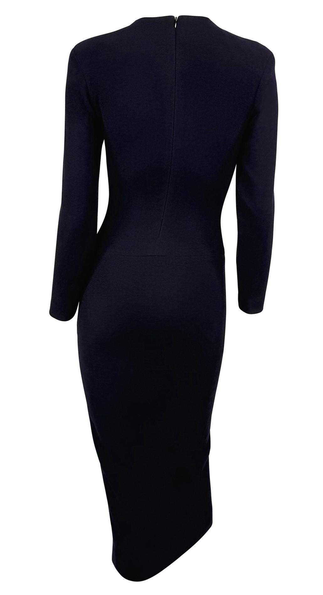 F/W 1989 Donna Karan Runway Navy Blue Stretch Wool Slit Long Sleeve Midi Dress For Sale 1