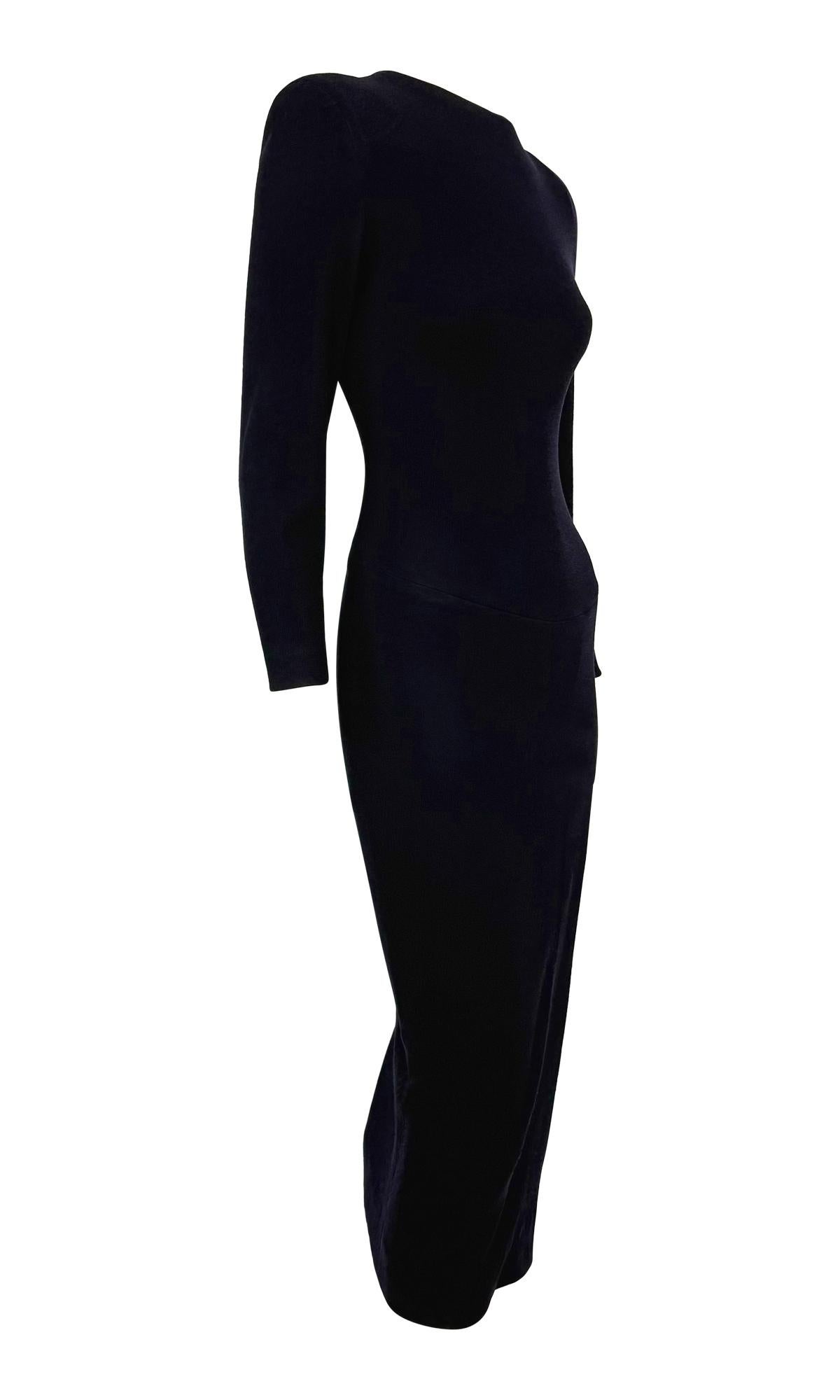 F/W 1989 Donna Karan Runway Navy Blue Stretch Wool Slit Long Sleeve Midi Dress For Sale 2