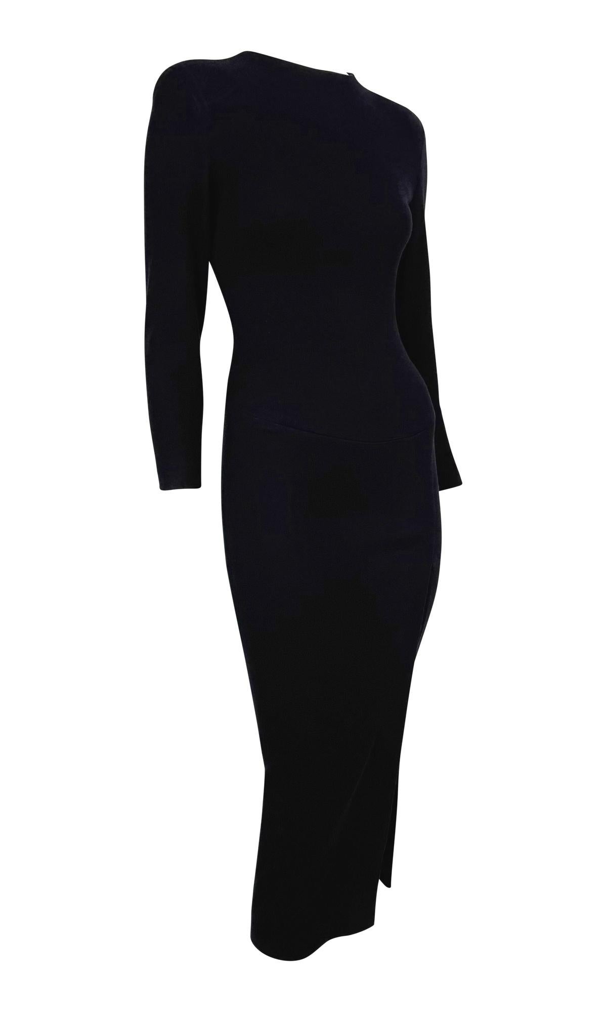F/W 1989 Donna Karan Runway Navy Blue Stretch Wool Slit Long Sleeve Midi Dress For Sale 3