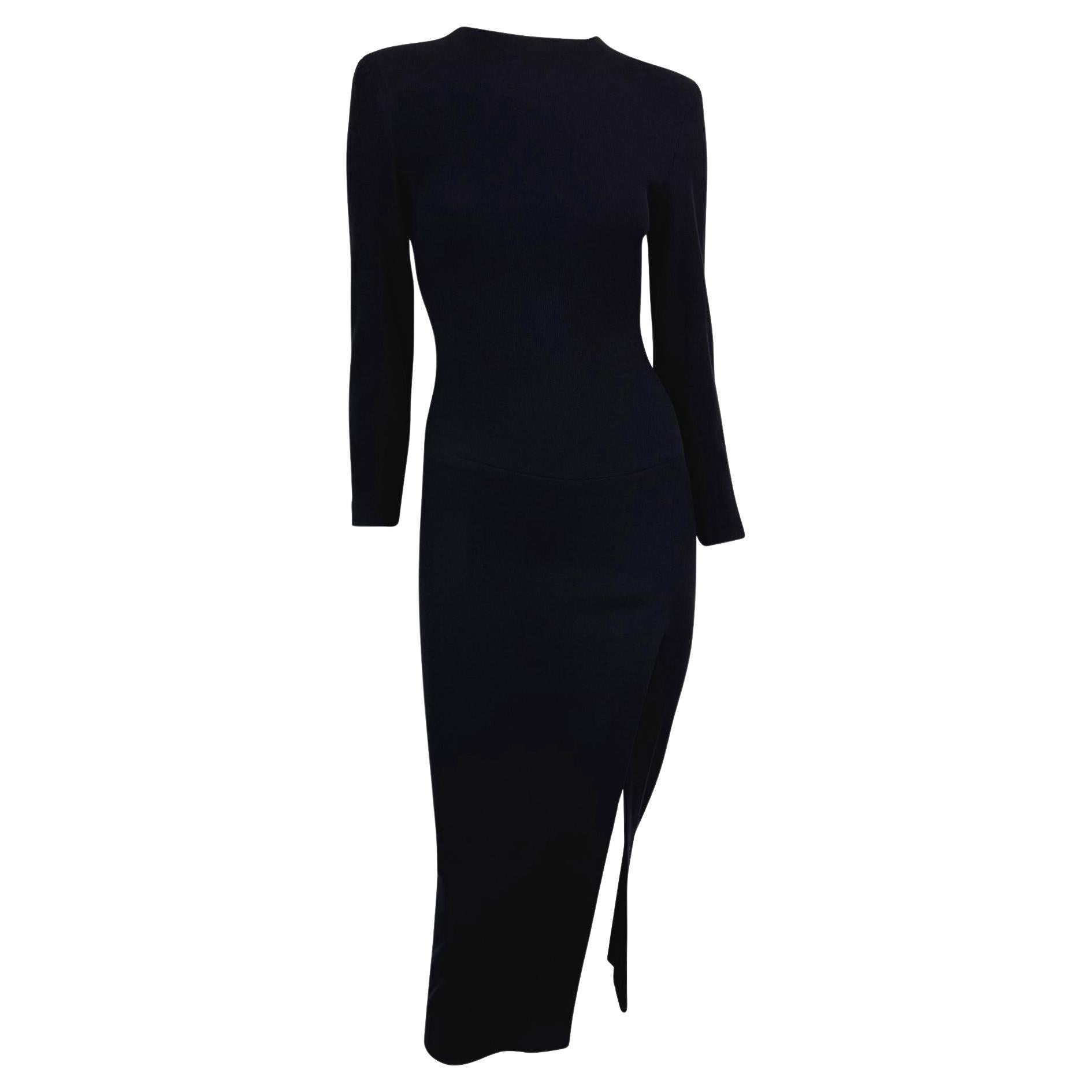 F/W 1989 Donna Karan Runway Navy Blue Stretch Wool Slit Long Sleeve Midi Dress For Sale