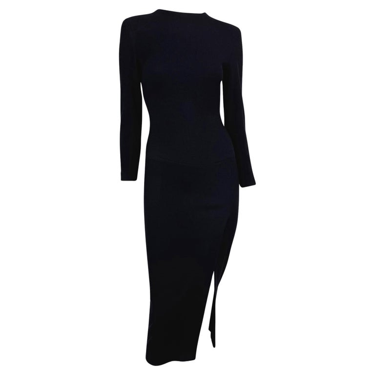 F/W 1989 Donna Karan Runway Navy Blue Stretch Wool Slit Long Sleeve Midi  Dress For Sale at 1stDibs
