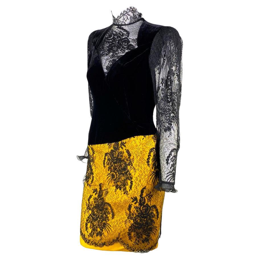 Black F/W 1989 Emanuel Ungaro Haute Couture Runway Velvet Lace Yellow Satin Dress  For Sale