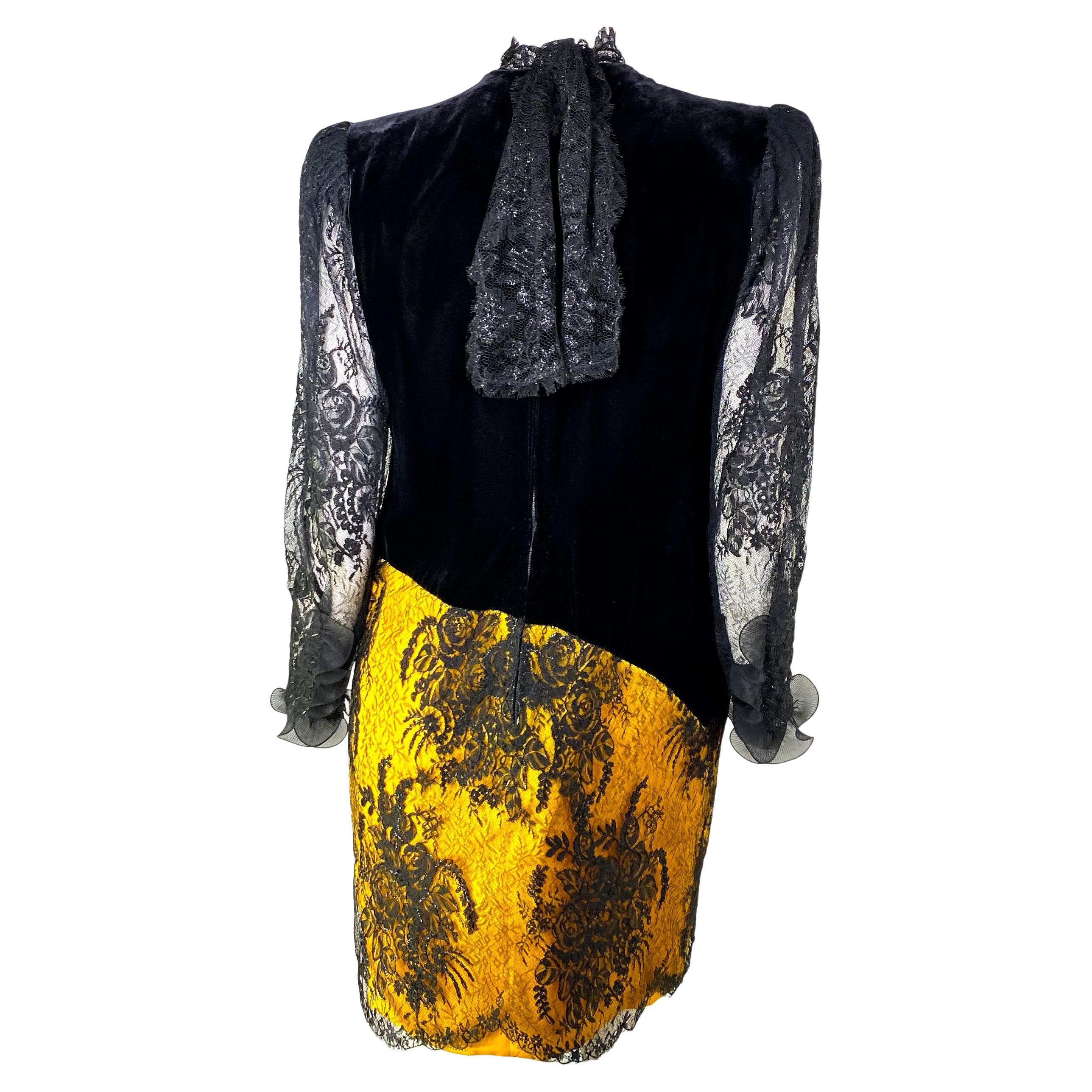 F/W 1989 Emanuel Ungaro Haute Couture Runway Velvet Lace Yellow Satin Dress  In Excellent Condition For Sale In West Hollywood, CA