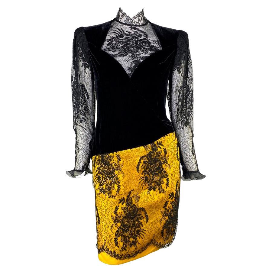 F/W 1989 Emanuel Ungaro Haute Couture Runway Velvet Lace Yellow Satin Dress  For Sale
