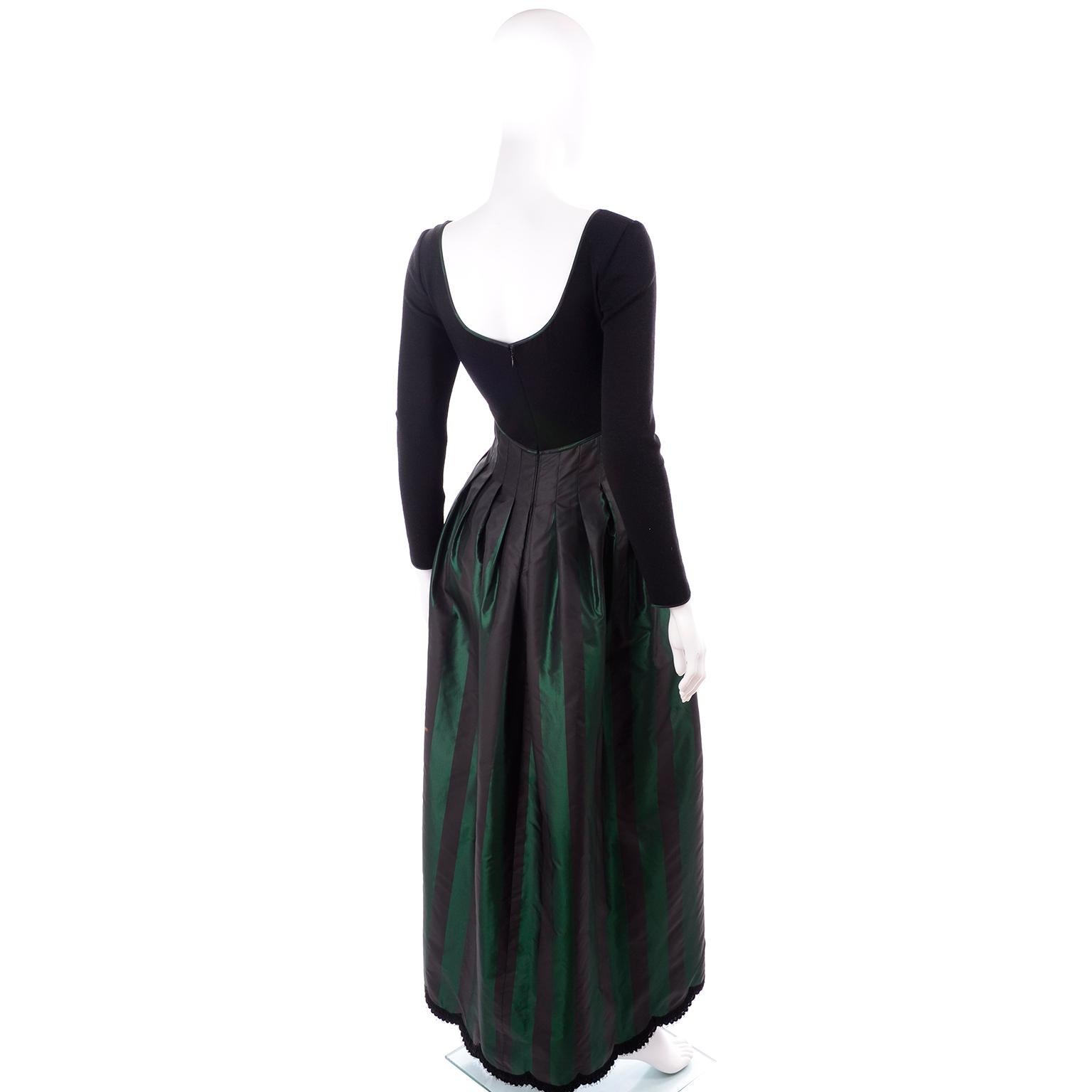 F/W 1989 Geoffrey Beene Black & Iridescent Green Stripe Evening Dress In Excellent Condition For Sale In Portland, OR
