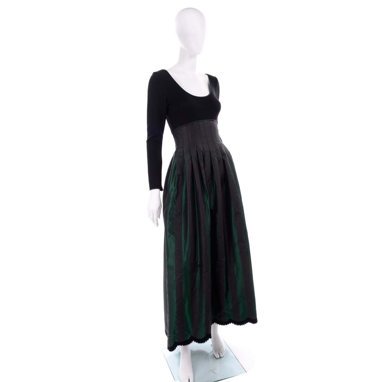 F/W 1989 Geoffrey Beene Black & Iridescent Green Stripe Evening Dress For Sale 1