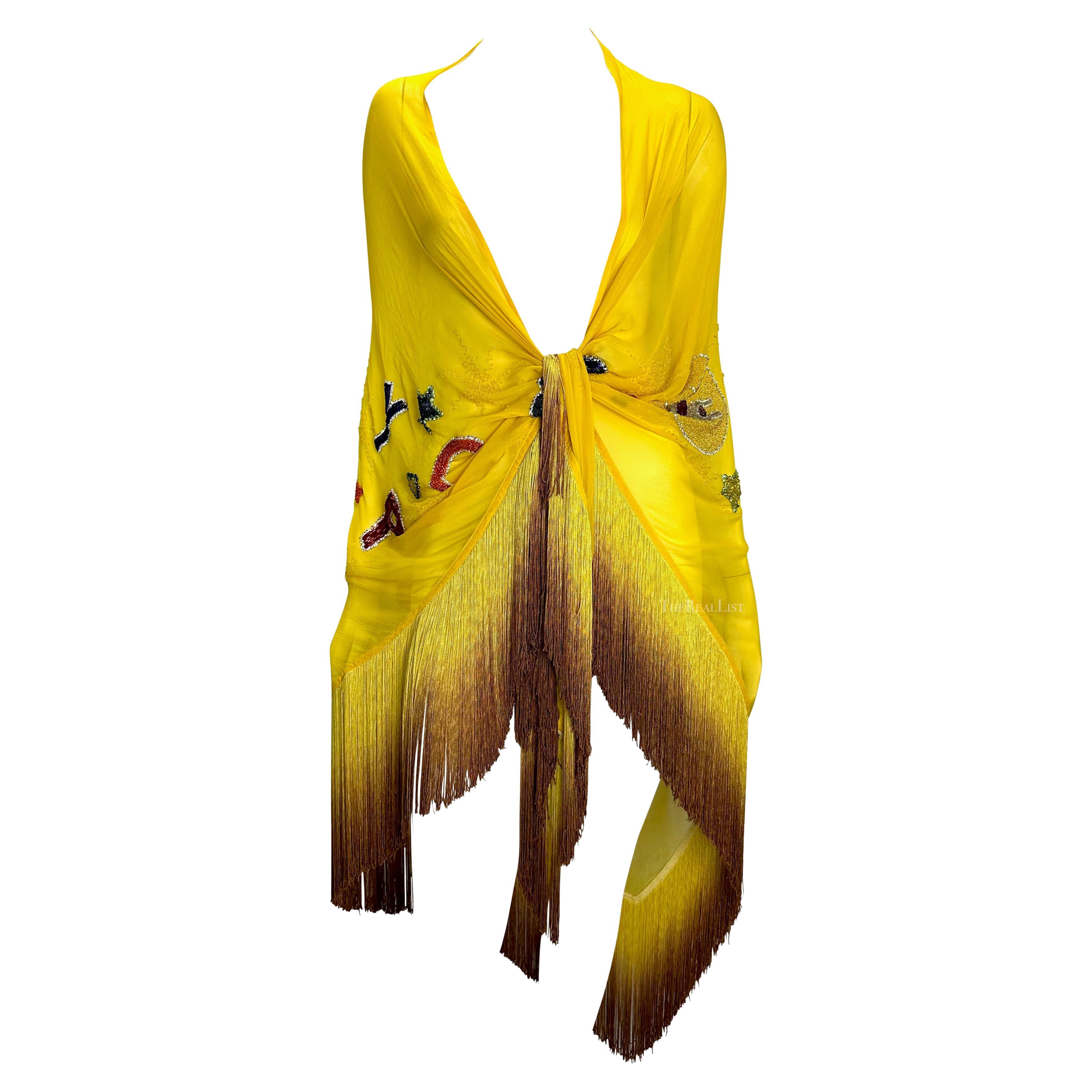 F/W 1989 Gianni Versace Runway Yellow Rhinestone Beaded Fringe Ombré Shawl For Sale