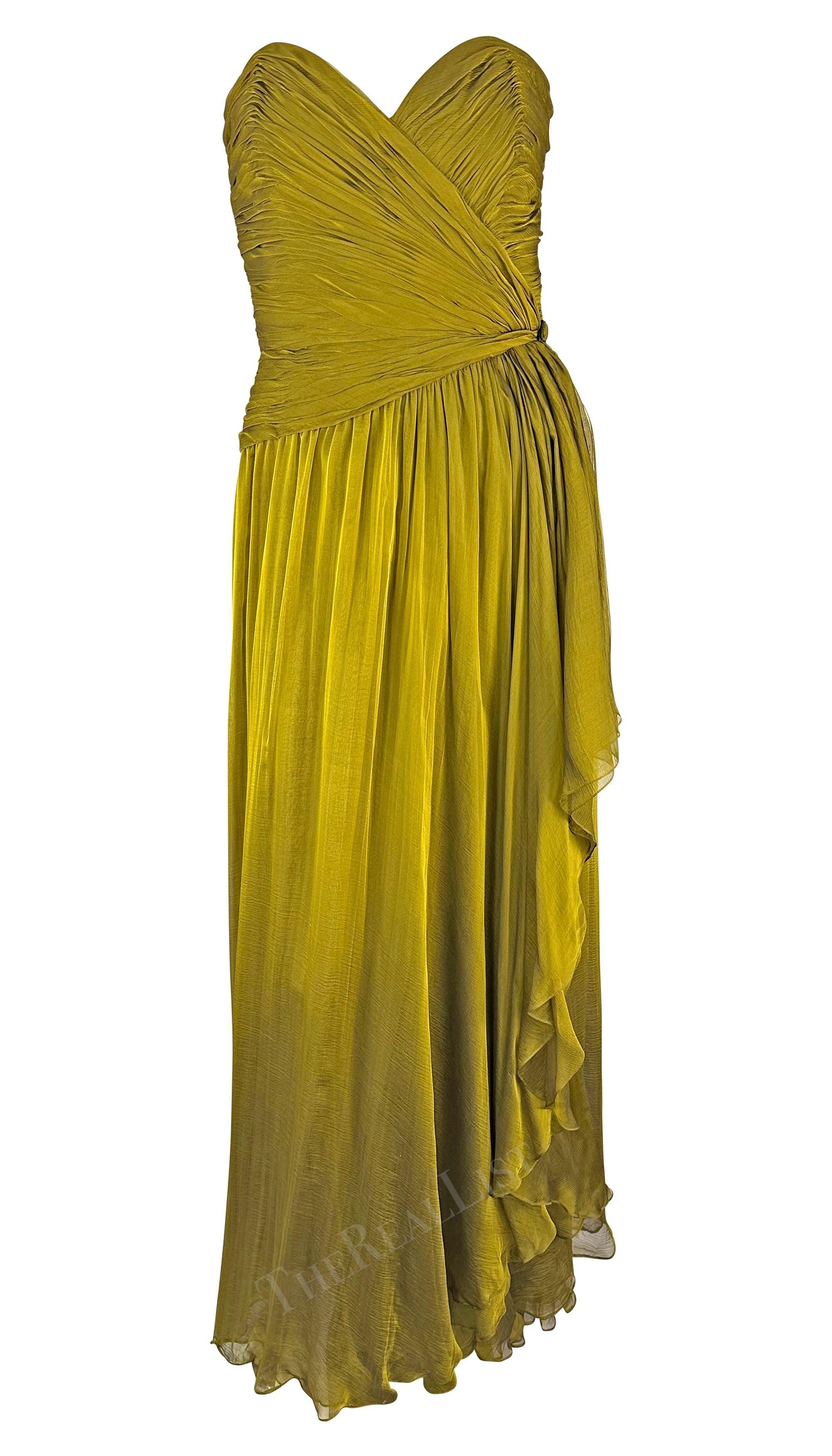Marrone A/I 1989 Oscar De La Renta: abito senza spalline in chiffon color chartreuse in vendita