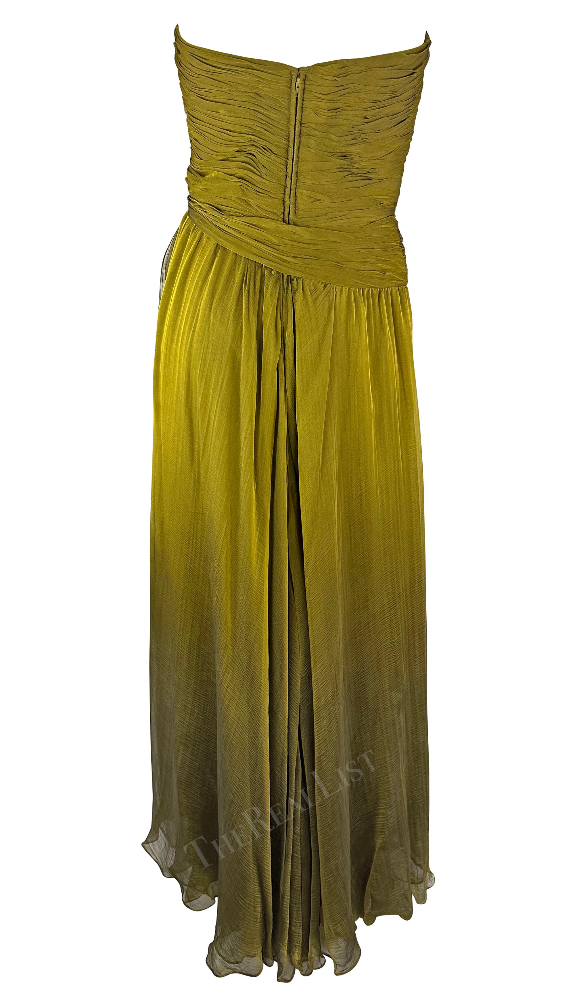 F/W 1989 Oscar de la Renta Runway Chartreuse Chiffon Strapless Gown  For Sale 3