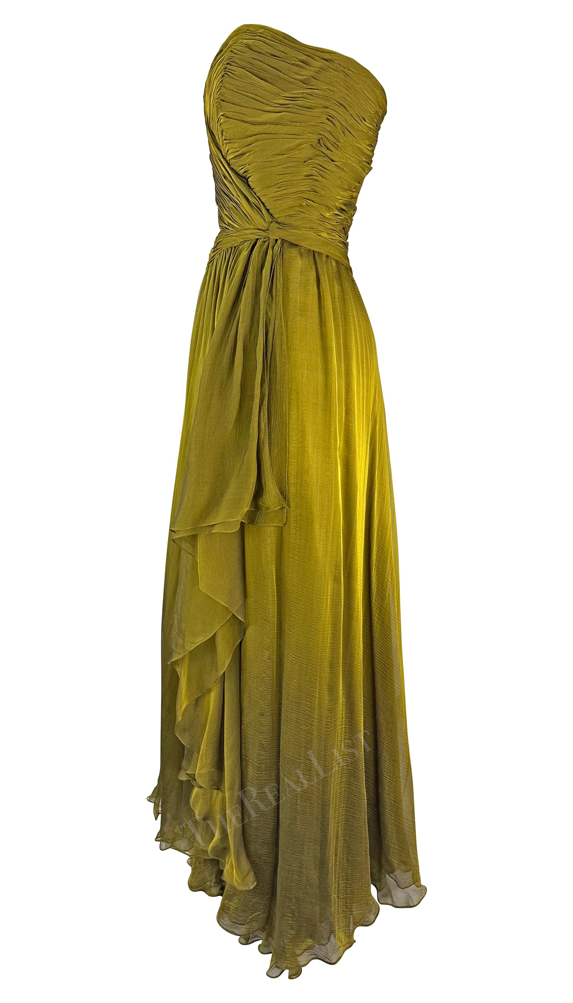 F/W 1989 Oscar de la Renta Runway Chartreuse Chiffon Strapless Gown  For Sale 4