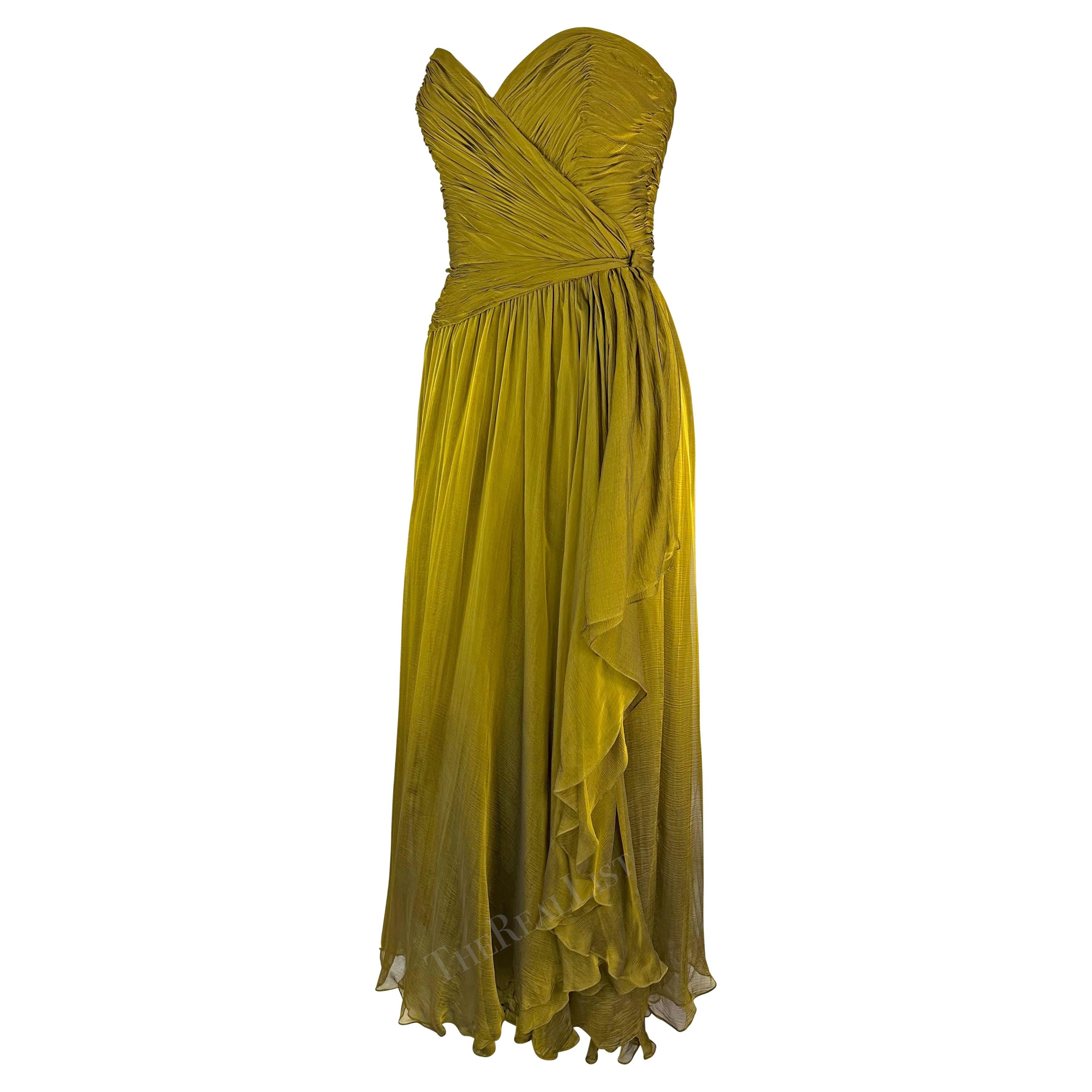 F/W 1989 Oscar de la Renta Runway Chartreuse Chiffon Strapless Gown  For Sale