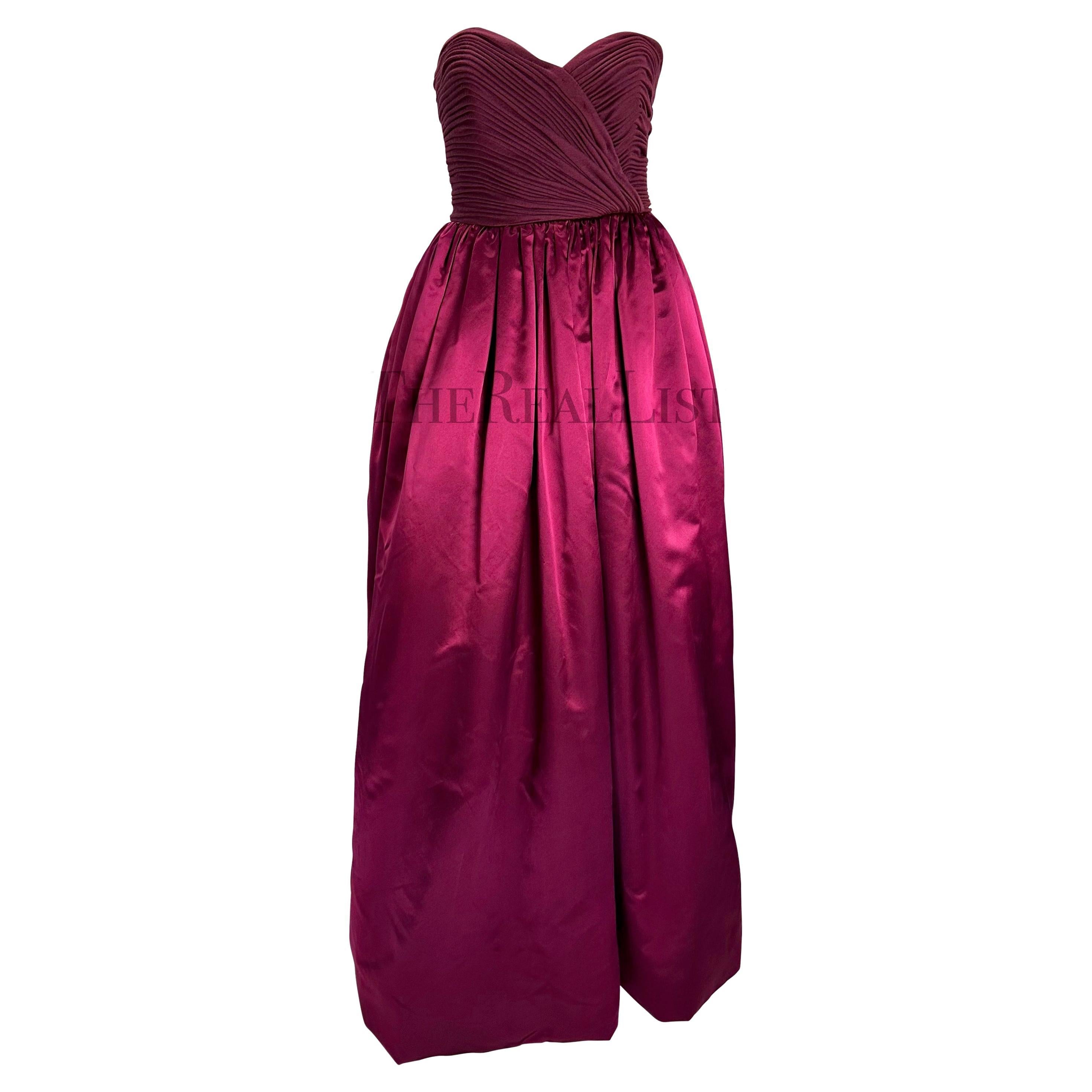 F/W 1989 Oscar de La Renta Runway Cranberry Silk Satin Ruched Strapless Gown For Sale