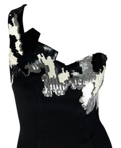 H/W 1989 Thierry Mugler Schwarz Weiß Silber Pailletten Asymmetrisches Kleid mit Jagdkante