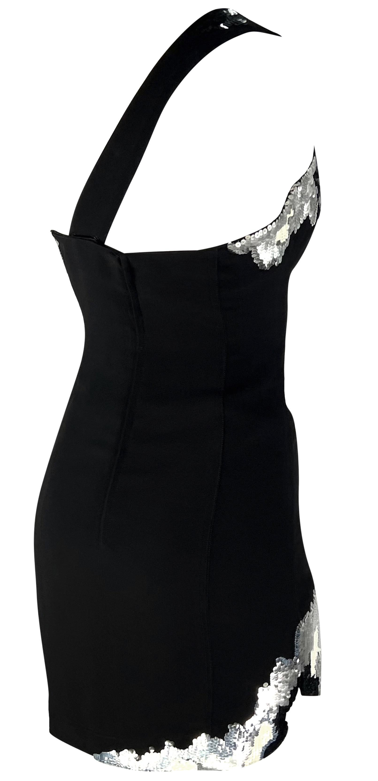 H/W 1989 Thierry Mugler Schwarz Weiß Silber Pailletten Asymmetrisches Kleid mit Jagdkante im Angebot 1