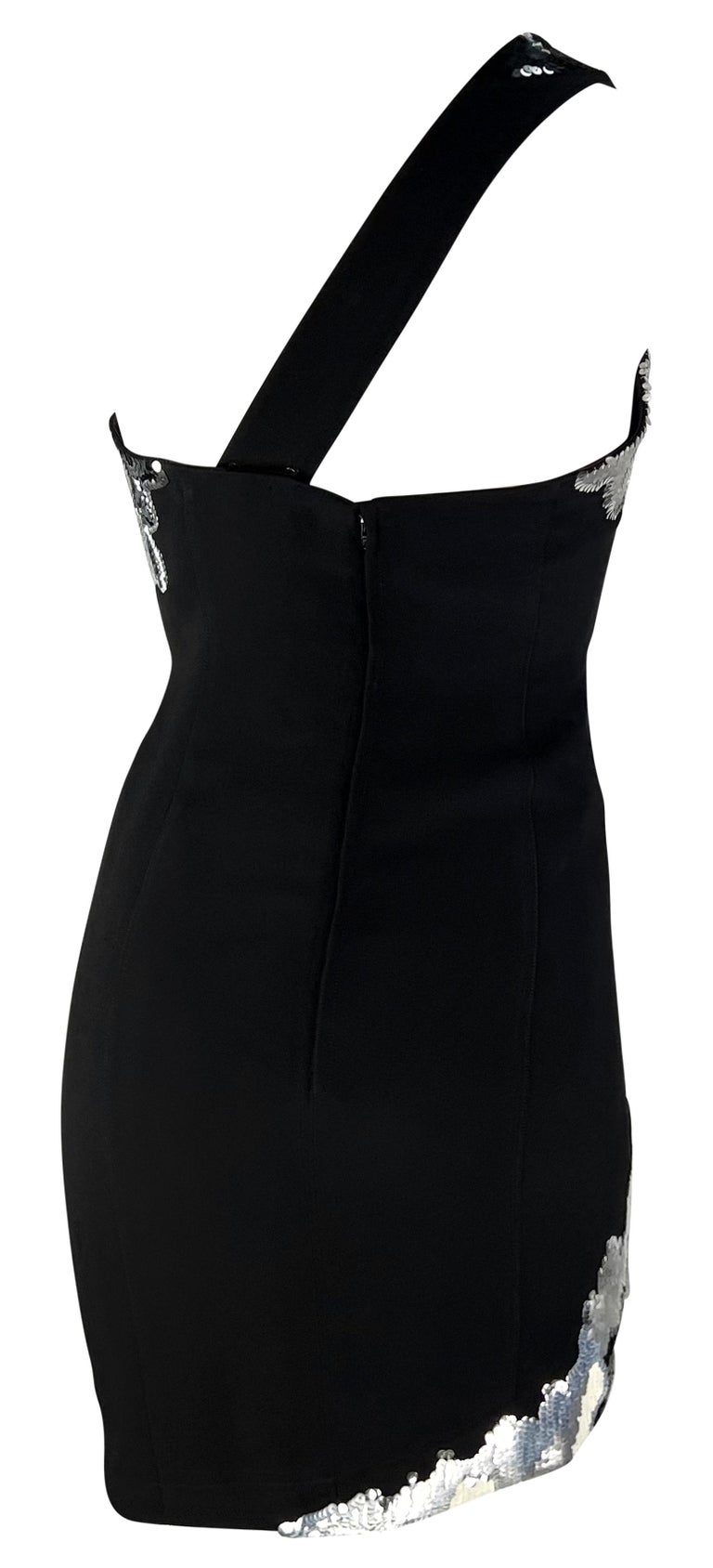 mugler black and silver dress F/W 1989 Thierry Mugler Black White Silver Sequin Asymmetric Jagged Edge  Dress
