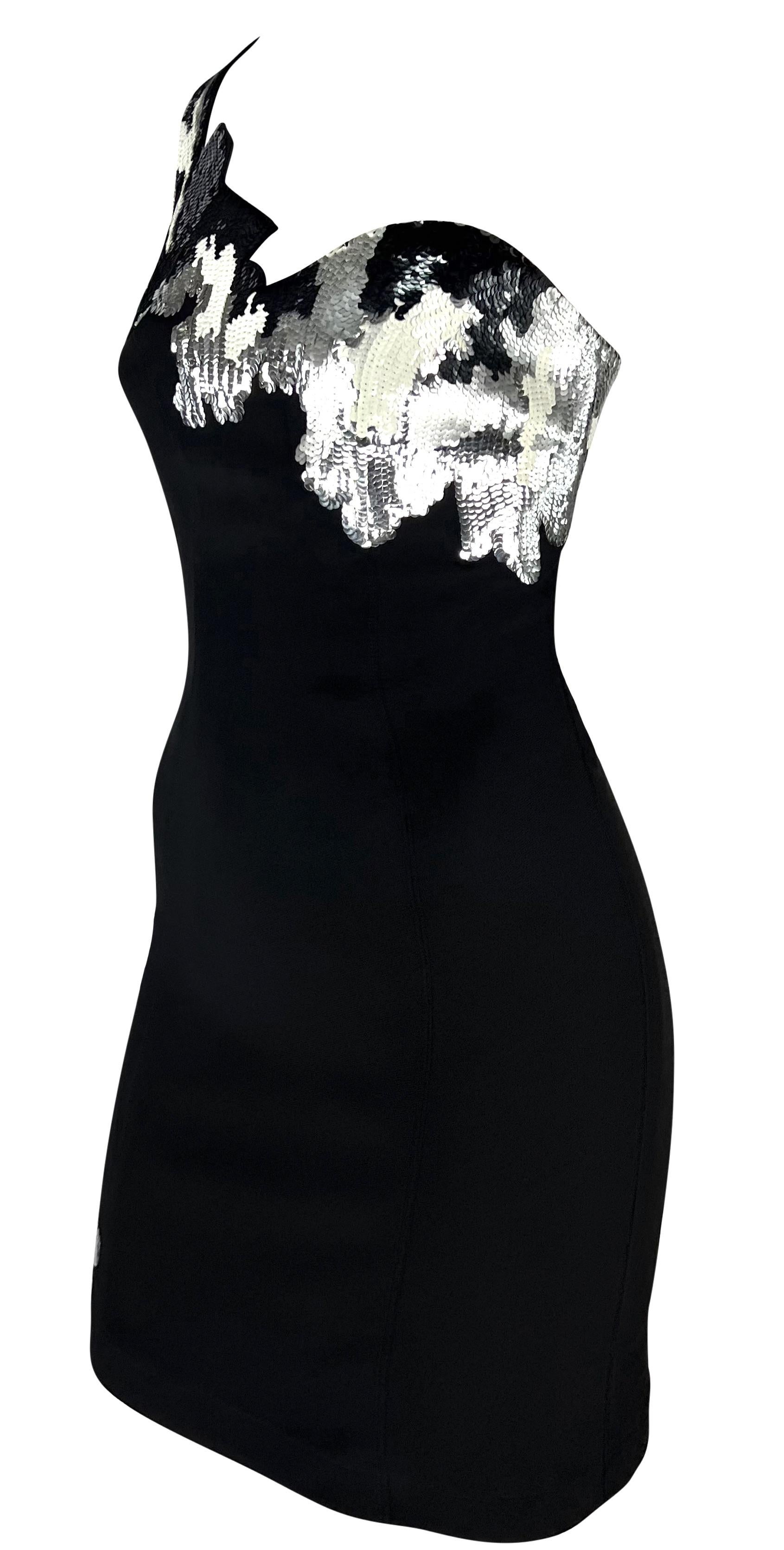 F/W 1989 Thierry Mugler Black White Silver Sequin Asymmetric Jagged Edge Dress For Sale 3