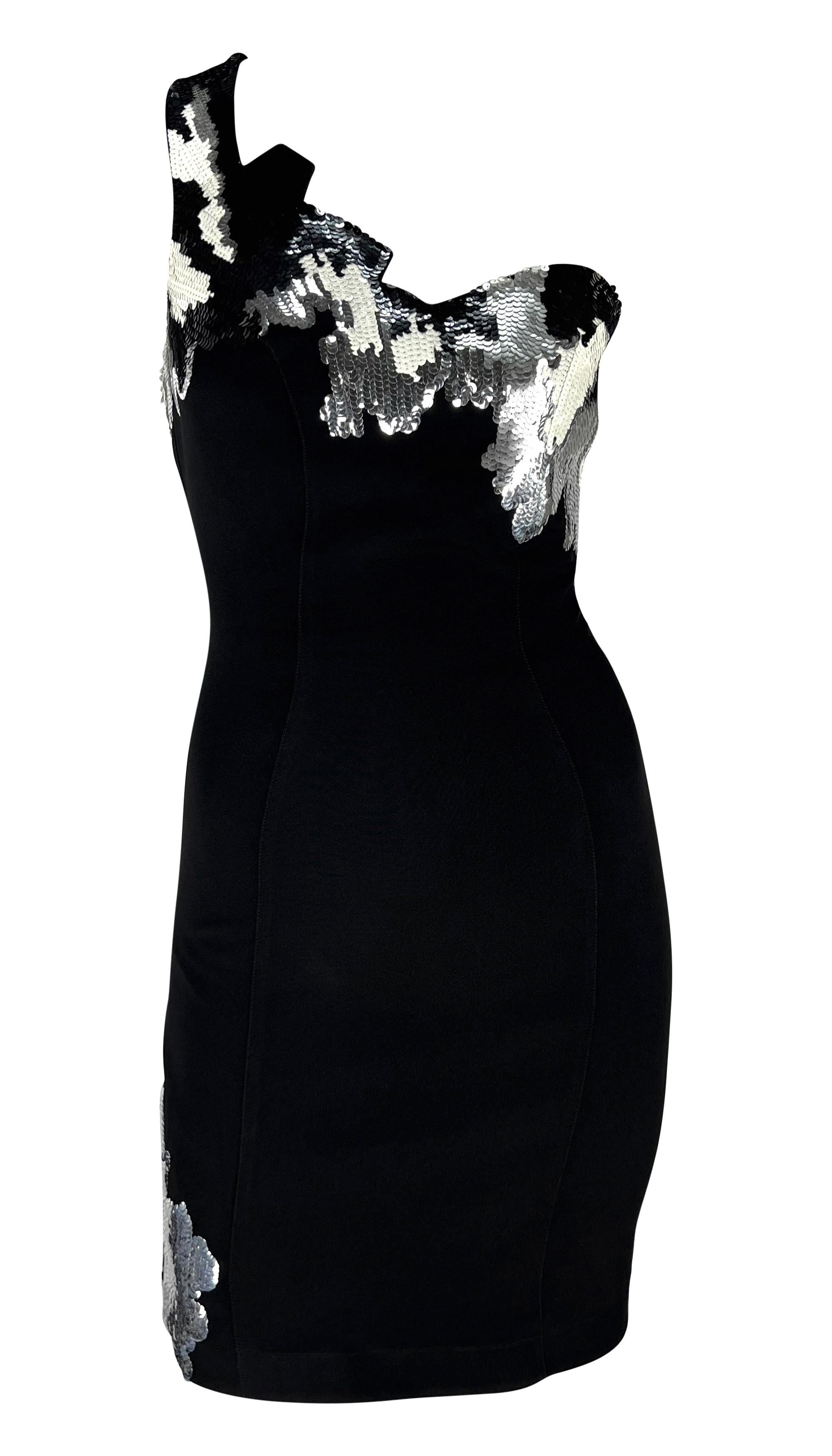 F/W 1989 Thierry Mugler Black White Silver Sequin Asymmetric Jagged Edge Dress For Sale 4