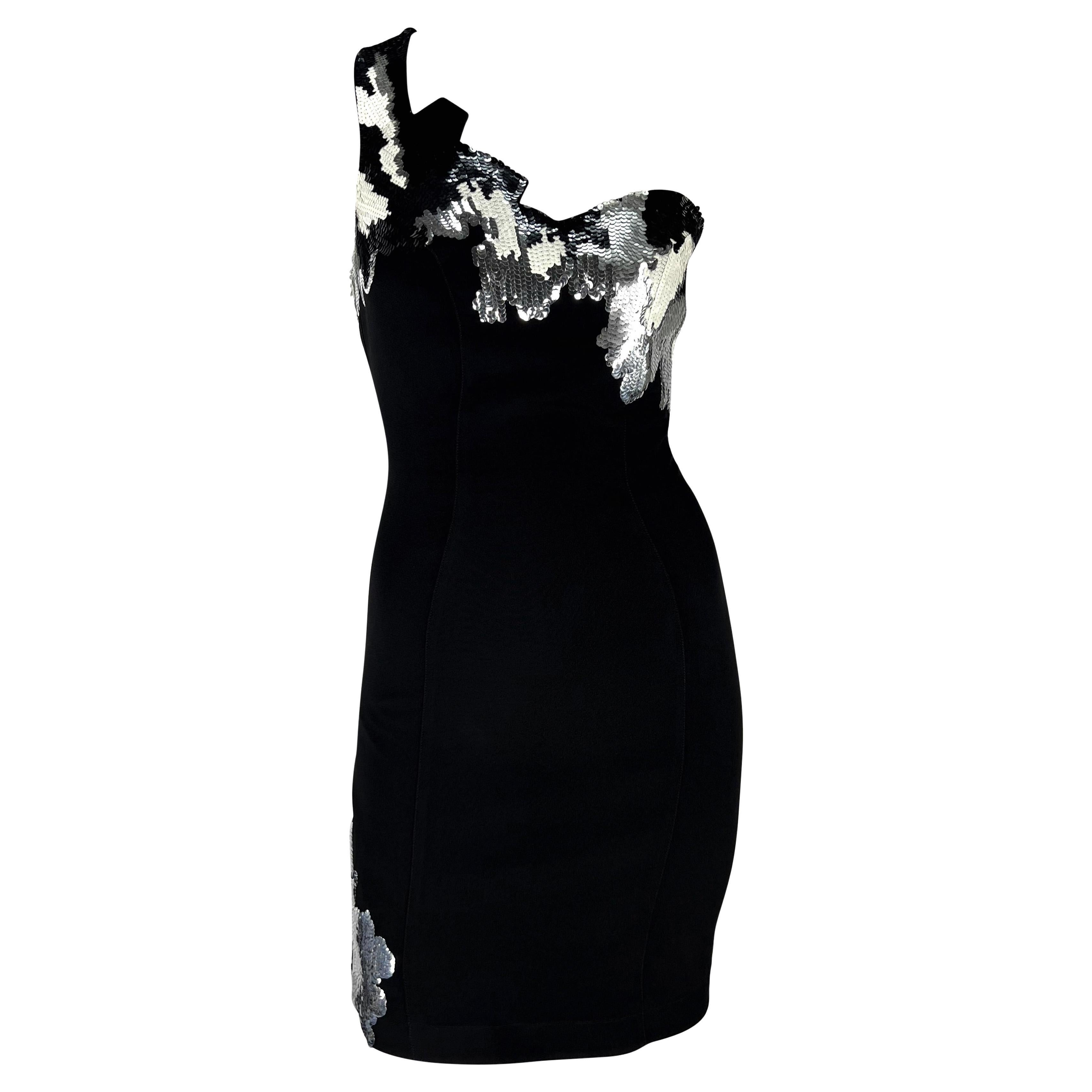 F/W 1989 Thierry Mugler Black White Silver Sequin Asymmetric Jagged Edge Dress For Sale