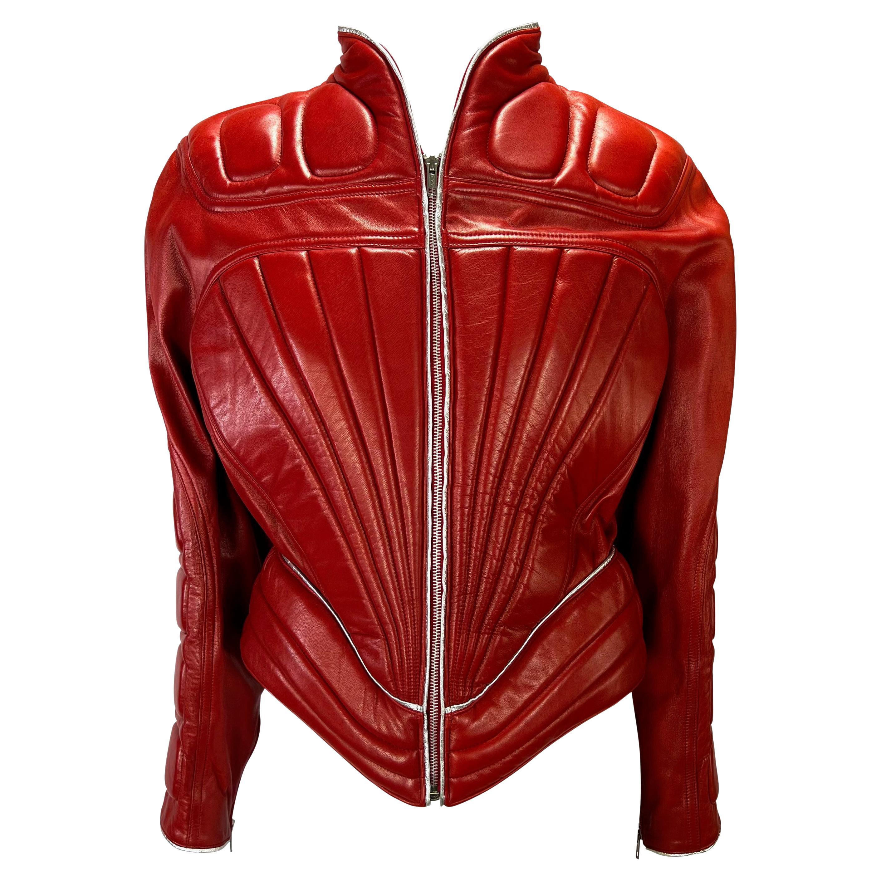 F/W 1989 Thierry Mugler Hiver Buick Quilted Red Leather Wasp Waist Moto Jacket 