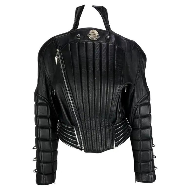 Veste de moto sculpturale en cuir chromé à grille Thierry Mugler Hiver Buick, A/H 1989