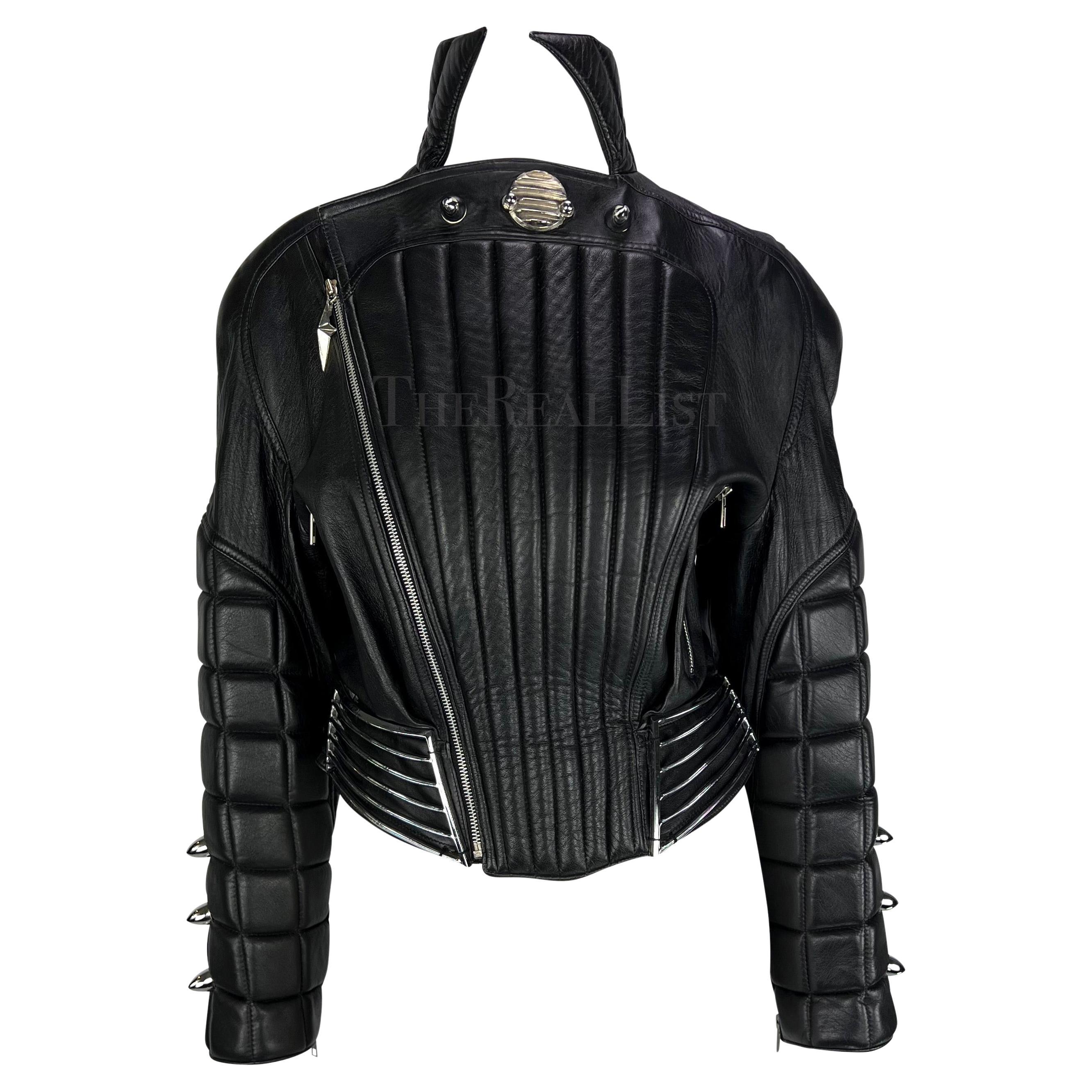 F/W 1989 Thierry Mugler Hiver Buick Sculptural Chrome Grille Leather Moto Jacket For Sale