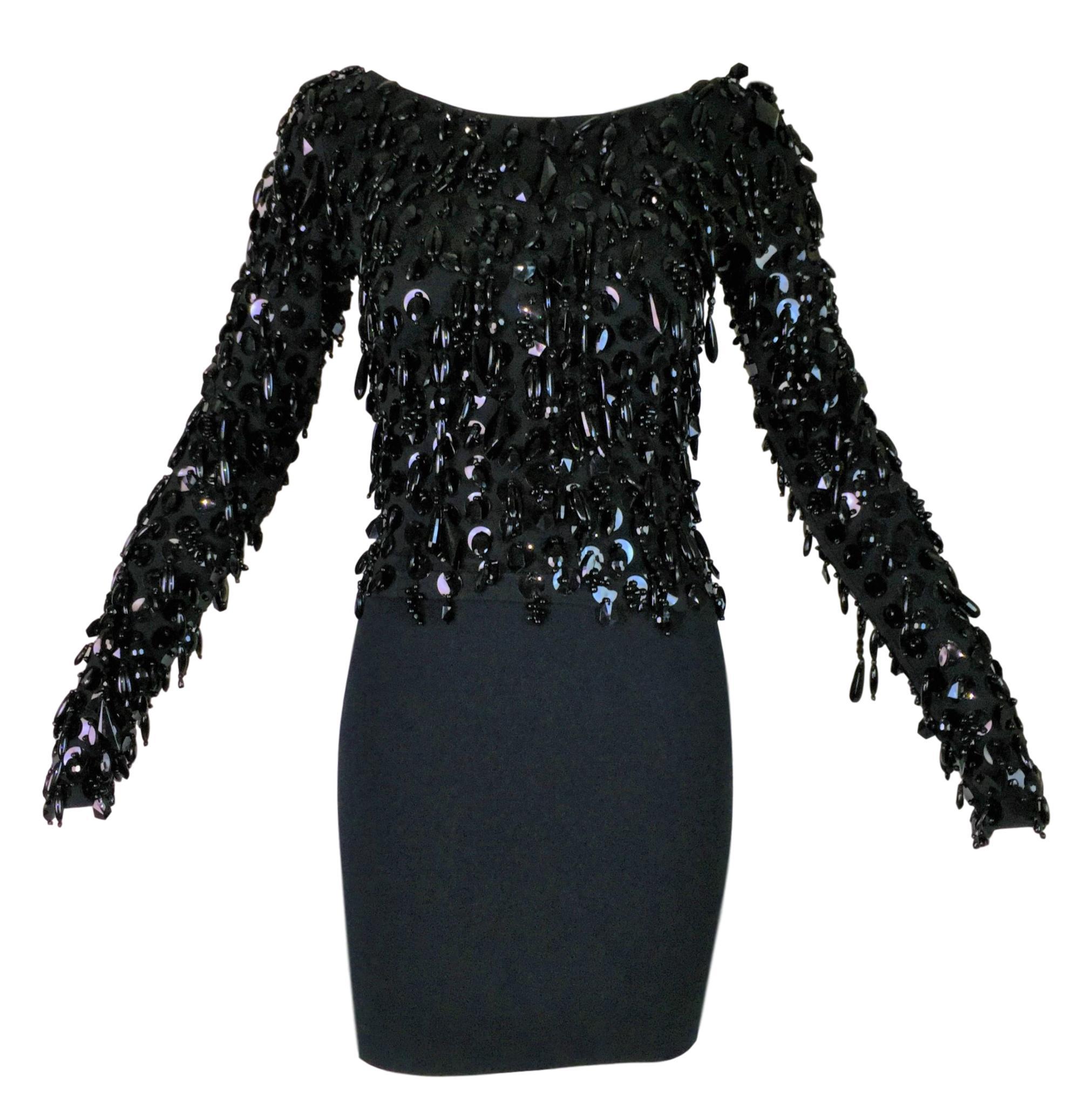 S/S 1990 Dolce & Gabbana Black Beaded Fringe Top & High Waist Mini Skirt