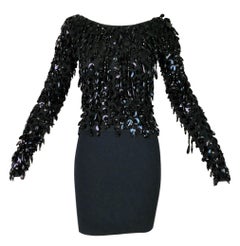 S/S 1990 Dolce & Gabbana Black Beaded Fringe Top & High Waist Mini Skirt