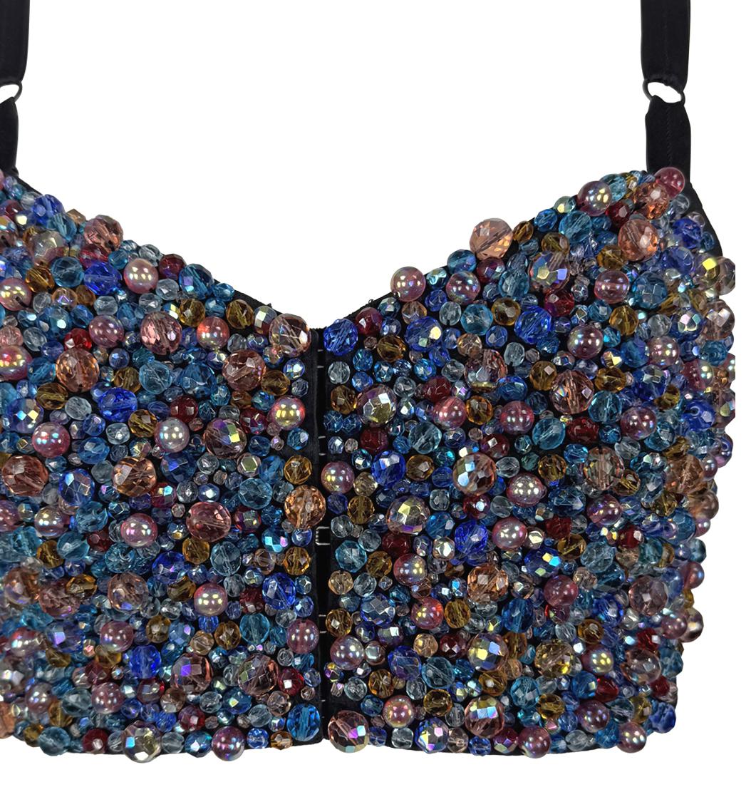 Black 1990s Dolce & Gabbana Heavily Beaded Iridescent Bustier Bralette Crop Top For Sale