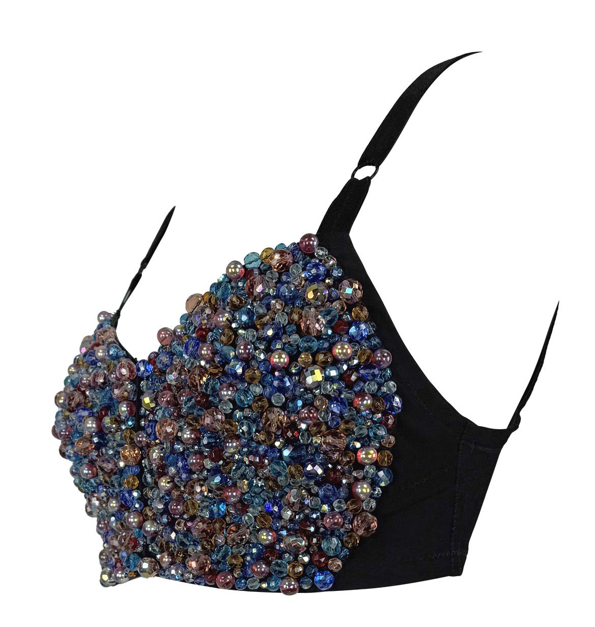 Women's 1990s Dolce & Gabbana Heavily Beaded Iridescent Bustier Bralette Crop Top For Sale
