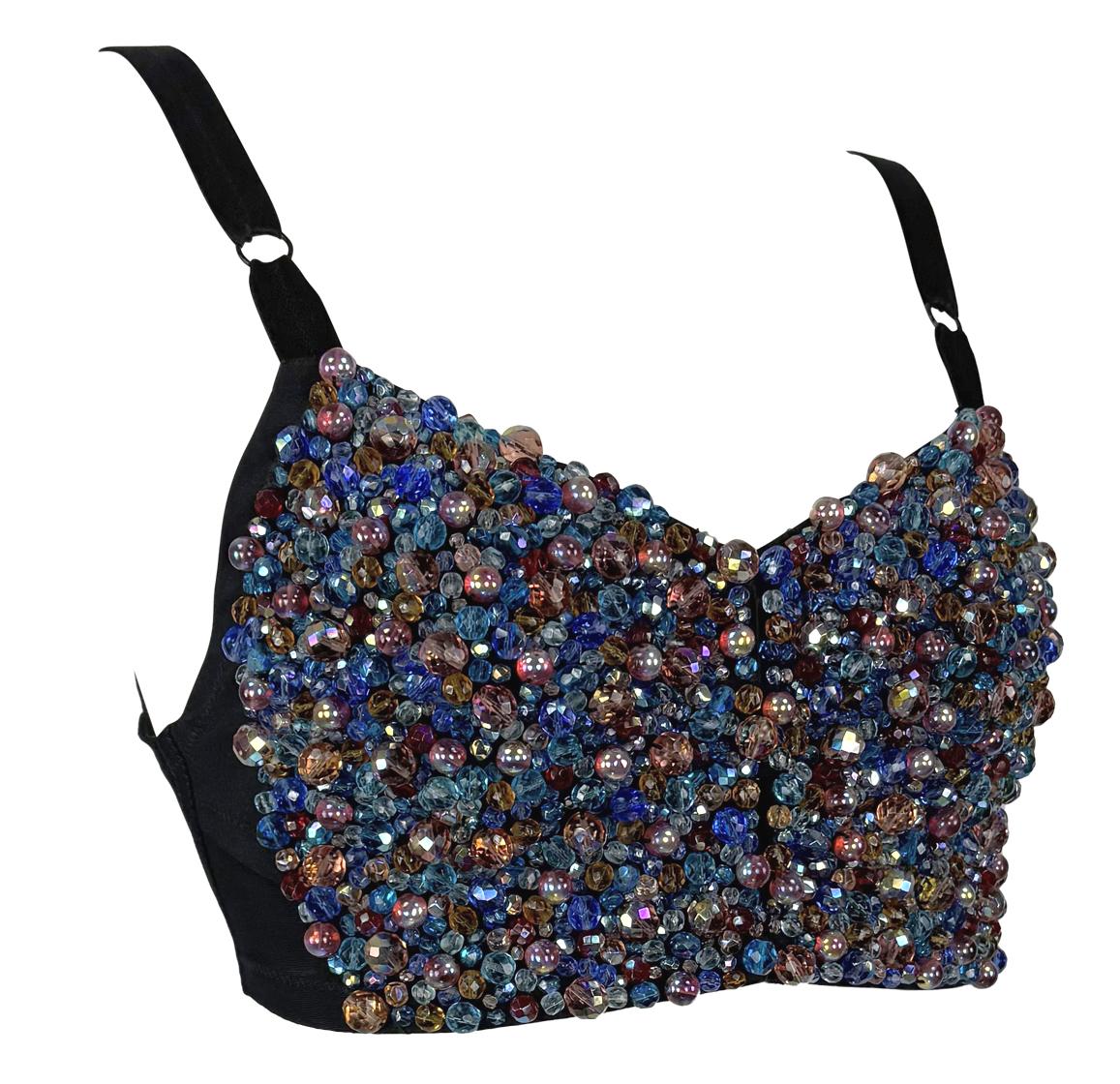 1990s Dolce & Gabbana Heavily Beaded Iridescent Bustier Bralette Crop Top For Sale 2