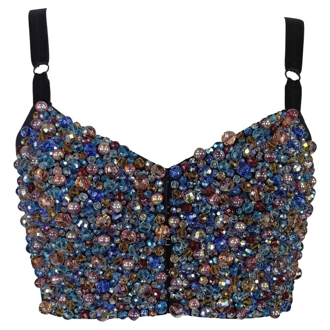 1990s Dolce & Gabbana Heavily Beaded Iridescent Bustier Bralette Crop Top For Sale