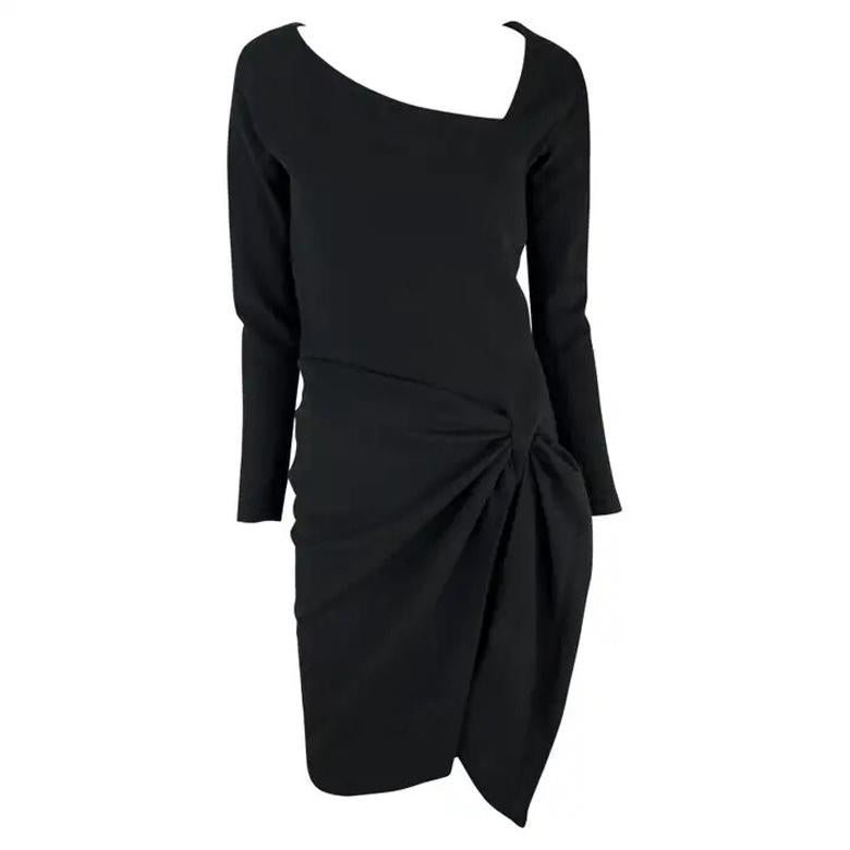 F/W 1990 Donna Karan Pasarela Vestido Midi Asimétrico Negro Envolvente de Punto de Lana