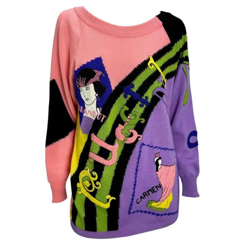 F/W 1990 Gianni Versace Suéter de punto multicolor bordado Ópera Puccini