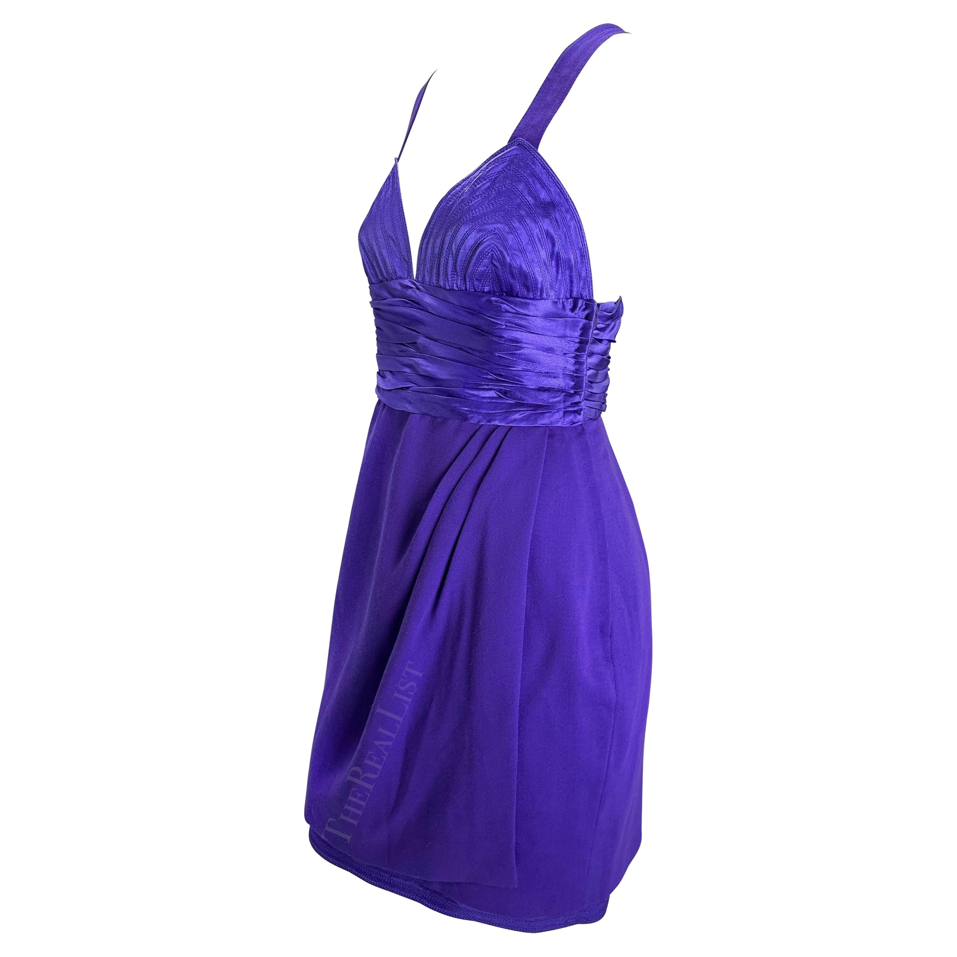 Women's F/W 1990 Gianni Versace Runway Ruched Purple Satin Trim Wrap Mini Dress For Sale