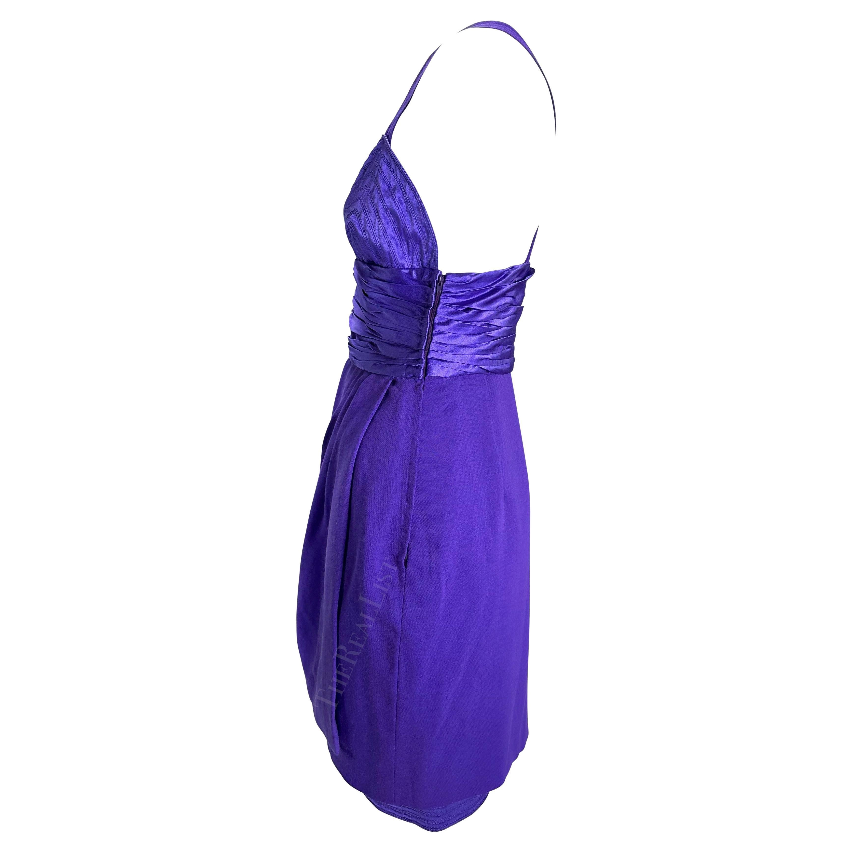 F/W 1990 Gianni Versace Runway Ruched Purple Satin Trim Wrap Mini Dress For Sale 1