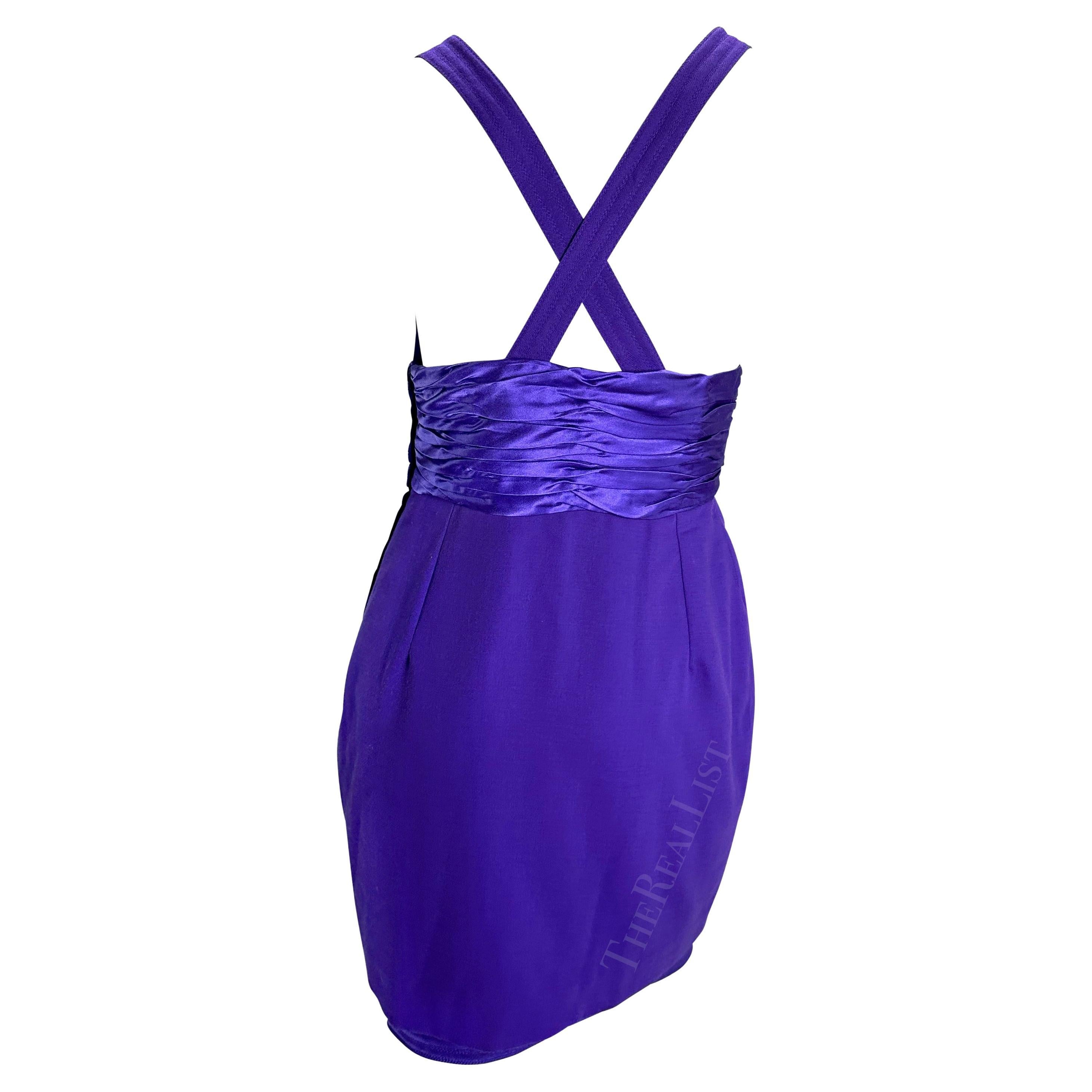 F/W 1990 Gianni Versace Runway Ruched Purple Satin Trim Wrap Mini Dress For Sale 2