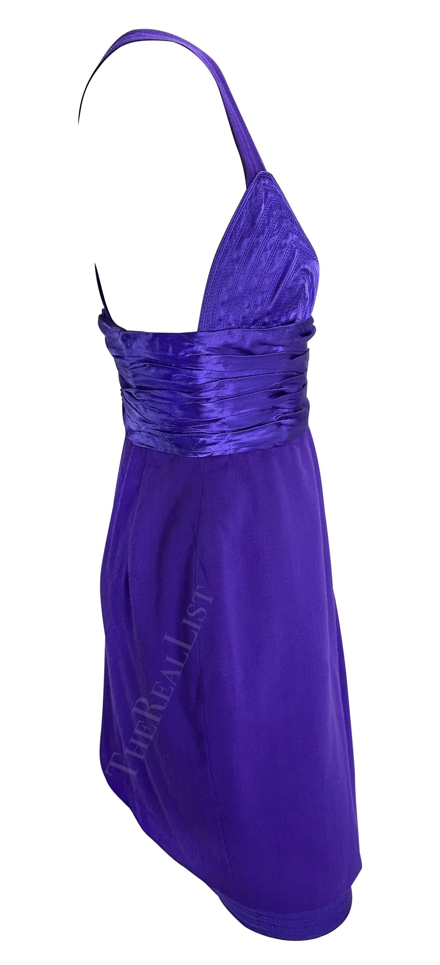 F/W 1990 Gianni Versace Runway Ruched Purple Satin Trim Wrap Mini Dress For Sale 3