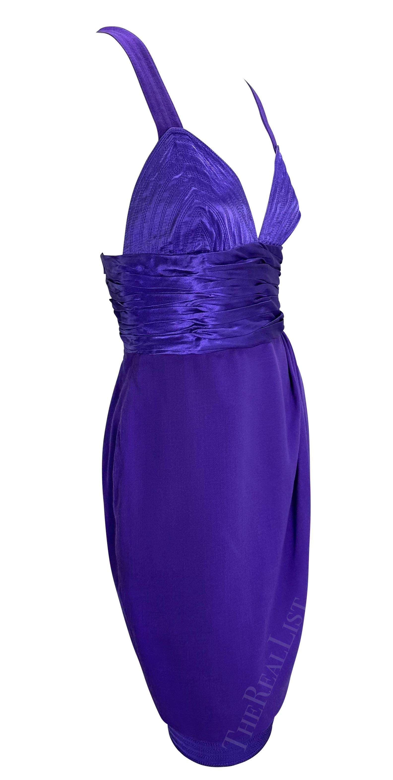 F/W 1990 Gianni Versace Runway Ruched Purple Satin Trim Wrap Mini Dress For Sale 4