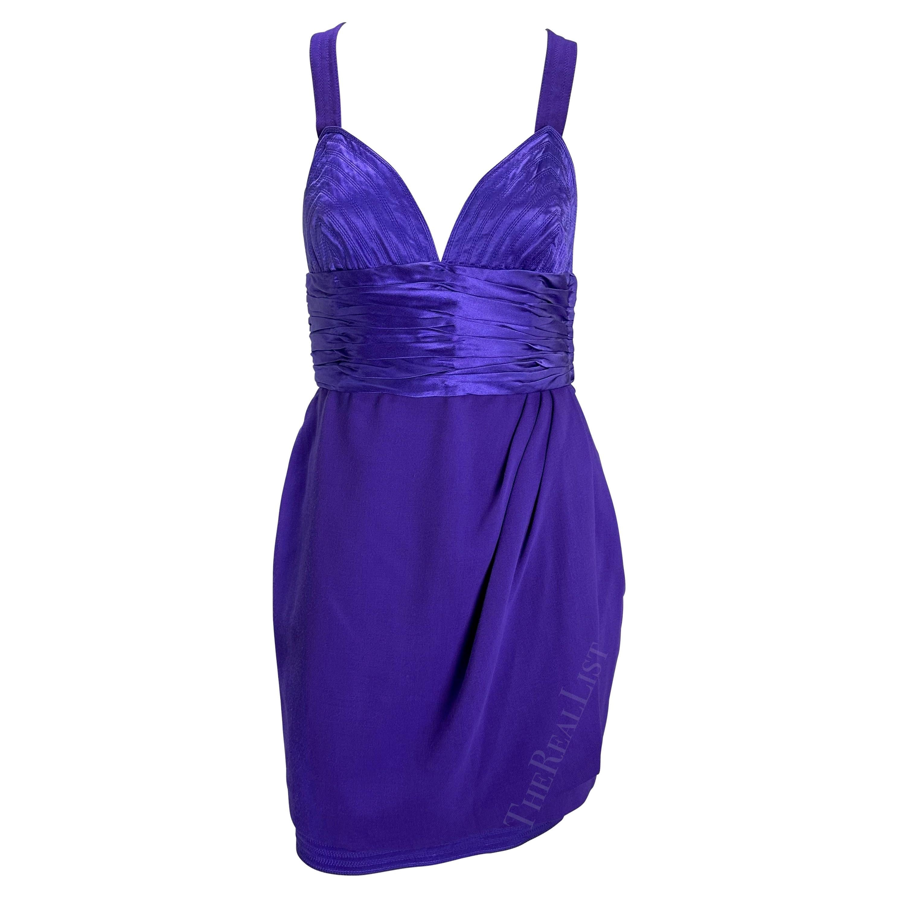 F/W 1990 Gianni Versace Runway Ruched Purple Satin Trim Wrap Mini Dress For Sale