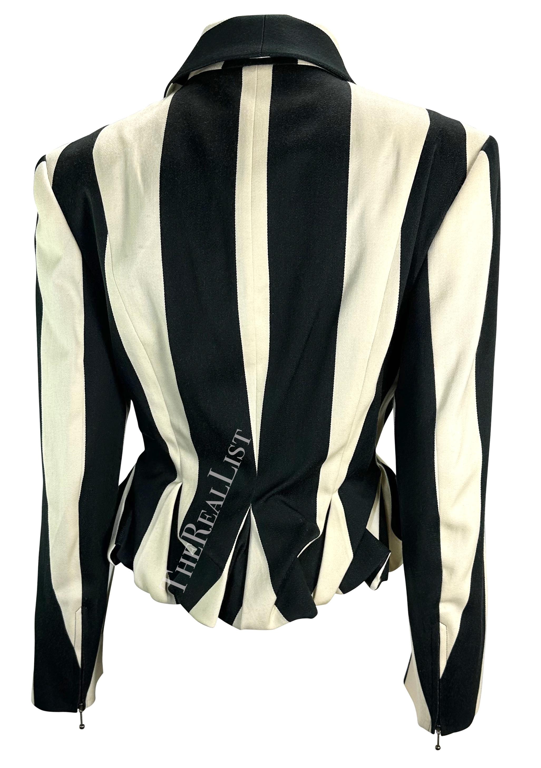 F/W 1990 John Galliano Runway Black White Striped Zip Bustle Jacket For Sale 1