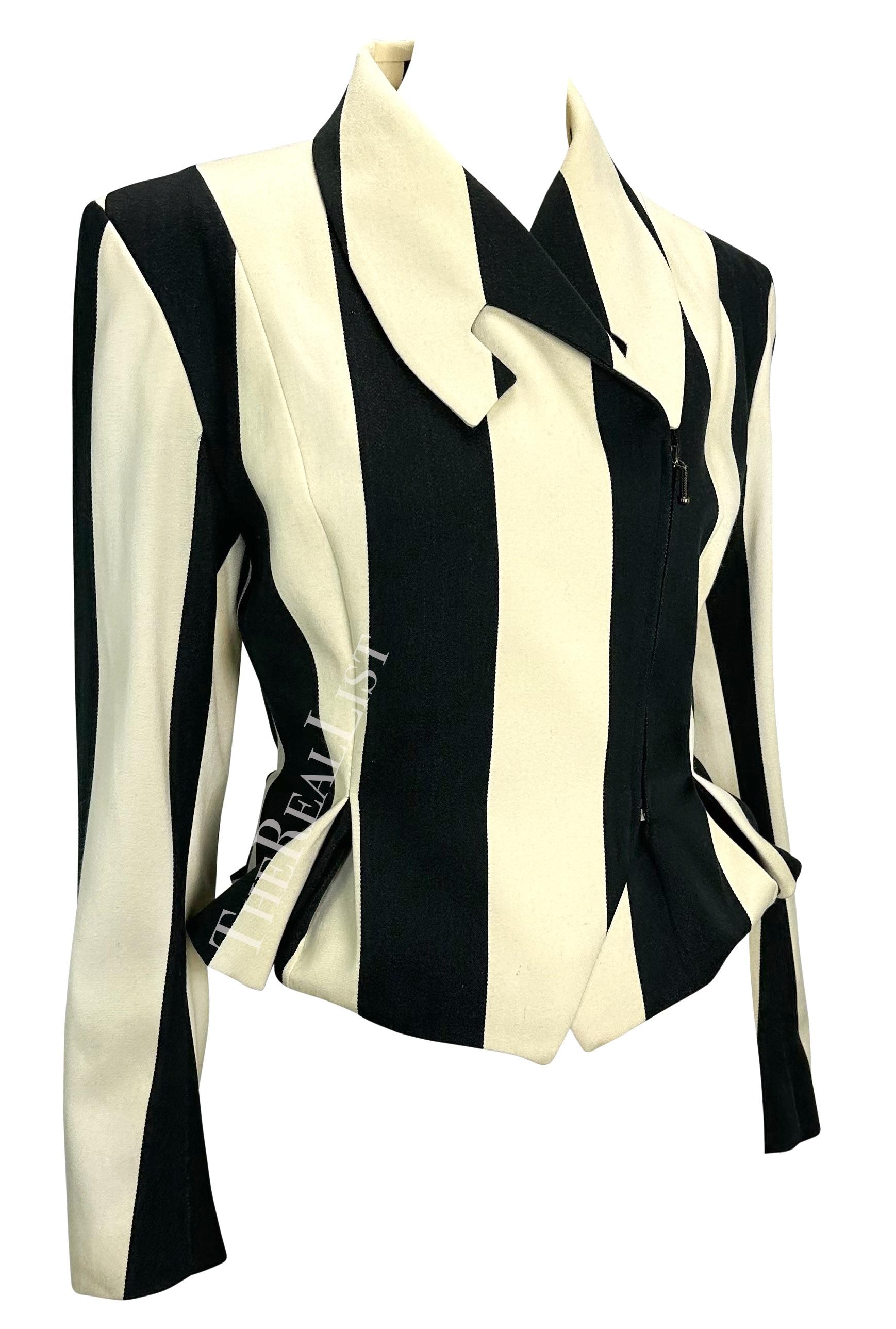 F/W 1990 John Galliano Runway Black White Striped Zip Bustle Jacket For Sale 2