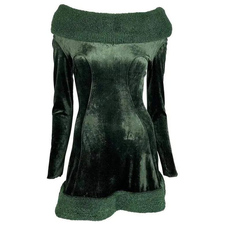H/W 1991 Alaia Dunkelgrünes schulterfreies Plüsch-Minikleid aus Samt