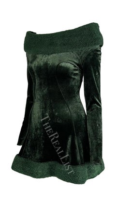 F/W 1991 Alaia Dark Green Velvet Off-The-Shoulder Plush Mini Dress