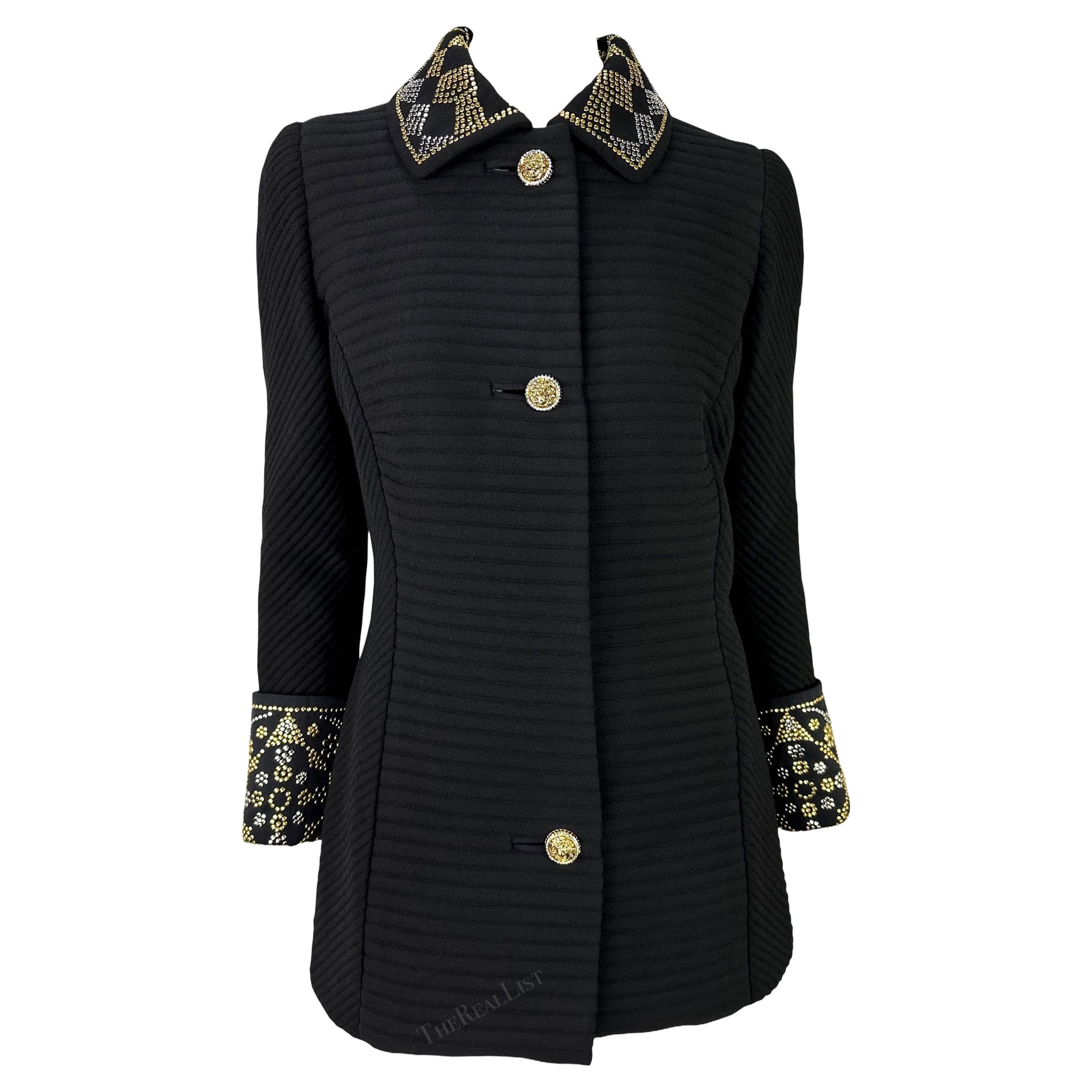 F/W 1991 Atelier Versace Haute Couture Runway Studded Black Wool Blazer Jacket For Sale