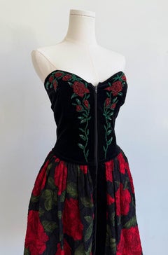 Blumarine 1991 Black Velvet Strapless Evening Dress with Red Roses